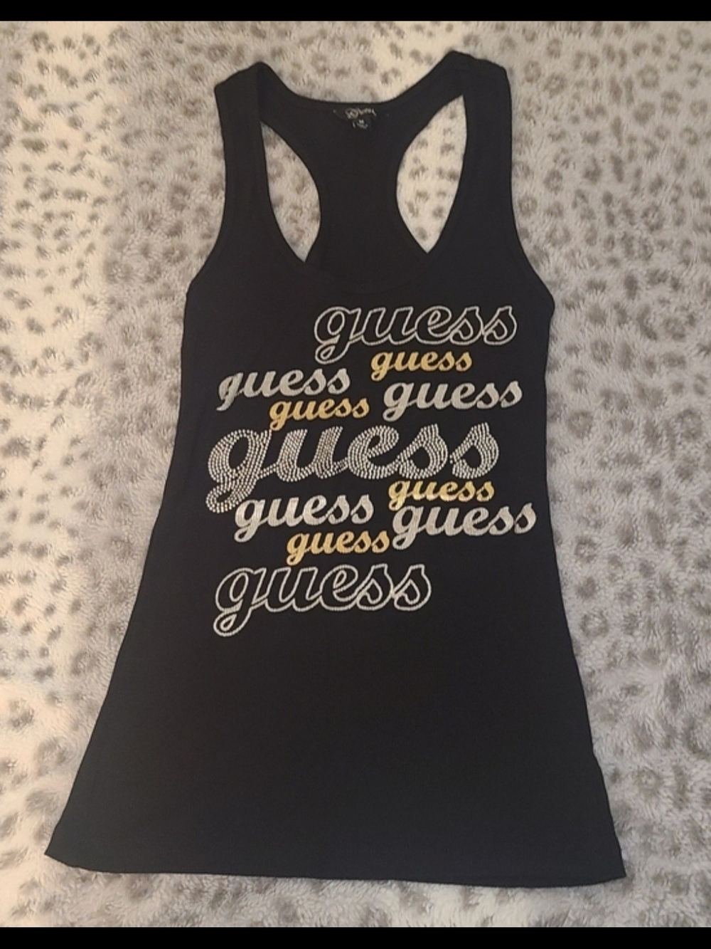 Guess Black Racerback Tank with Gold & Silver Logo Script- Size Medium EUC